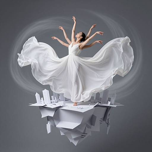 Photograph of a graceful woman in a flowing white dress, dancing on a floating cityscape, arms raised, surrounded by ethereal light.