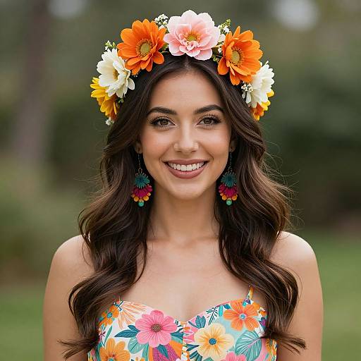Photograph of a smiling woman with long dark hair, wearing a colorful floral headband, matching dress, and vibrant flower earrings, standing in a blurred