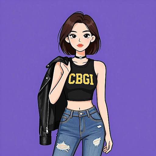 Digital anime-style drawing of a fair-skinned woman with short brown hair, wearing a black 