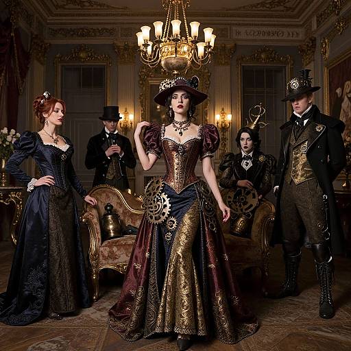 Gothic Victorian photograph: Four elegantly dressed individuals in black and gold, ornate attire, top hats, and intricate accessories, pose in a