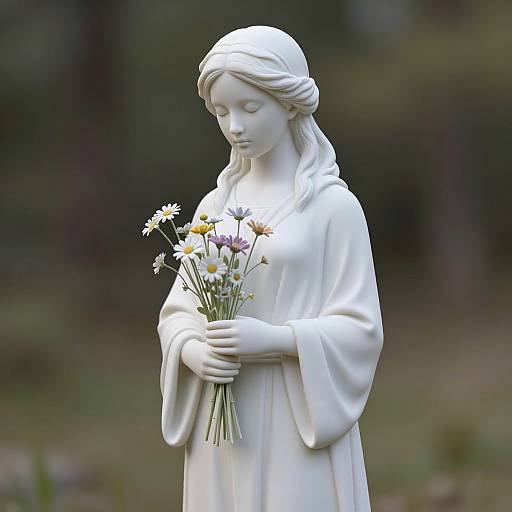 Photograph of a serene, white marble statue of a young woman with long hair, holding a bouquet of daisies, standing outdoors.