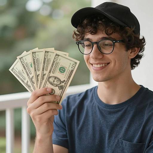 Smiling Young Man with Dollar Bills