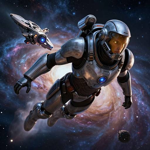 Photorealistic digital artwork of a silver-suited astronaut with glowing blue visor and chest panel, flying through space with a robotic drone, near a