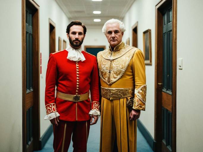 Men in Elaborate Historical Costumes in Hallway