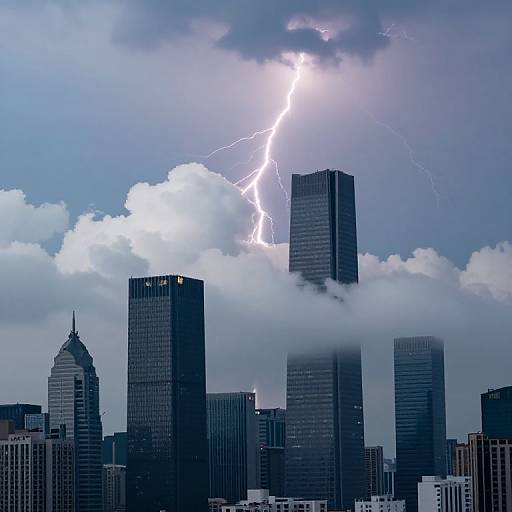 Photograph of a city skyline during a lightning storm, with bright white lightning striking between tall, dark skyscrapers amidst cloudy, blue sky.