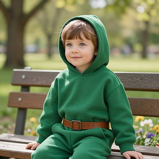 Child in Green Outfit Sitting Outdoors