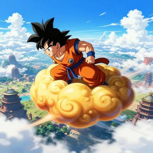 Digital anime-style image of Super Saiyan Son Goku flying on a cloud above a vibrant, cloud-dotted landscape with ancient pagodas. Bright blue
