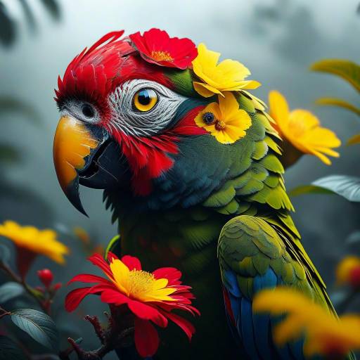 Colorful Parrot with Red and Yellow Flowers