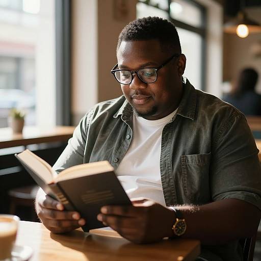 Photograph of a black man with short curly hair, wearing glasses, a green button-up shirt, and white t-shirt, reading a book in a