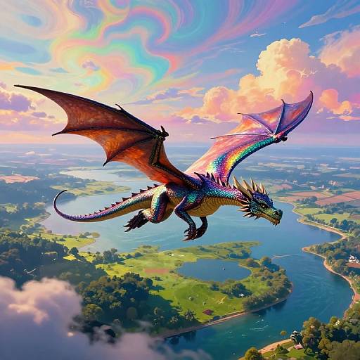 Vibrant digital artwork of a rainbow-scaled dragon soaring above a lush, winding river and verdant landscape under a colorful, swirling sky.