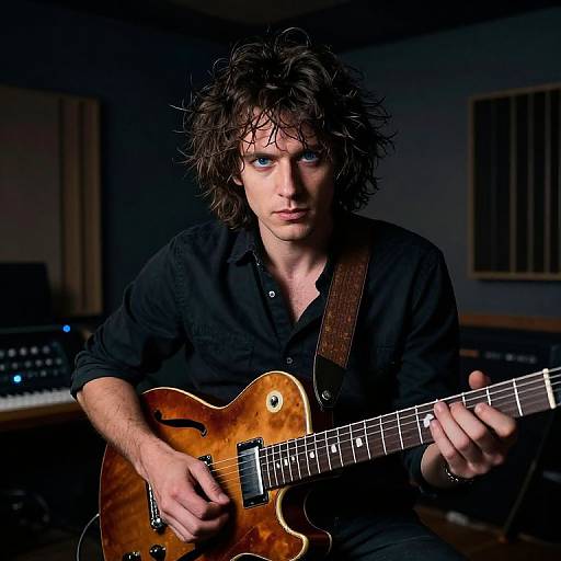 Photograph of a curly-haired, blue-eyed man in a black shirt playing a brown electric guitar in a dimly lit recording studio.