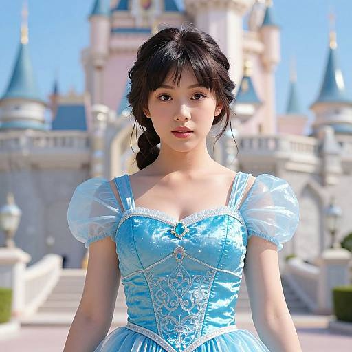 Photograph of an Asian woman with fair skin and black hair in a blue Disney princess dress, standing in front of a brightly colored, castle-like backdrop