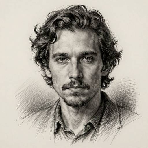 Black-and-white digital portrait of a serious, wavy-haired man with a mustache, wearing a collared shirt, rendered in detailed pencil-like textures