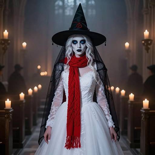 Gothic witch in white lace dress, red scarf, black hat, and veil, with white makeup, stands in candlelit, dark church.