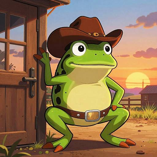 Cartoon Frog Cowboy at Sunset