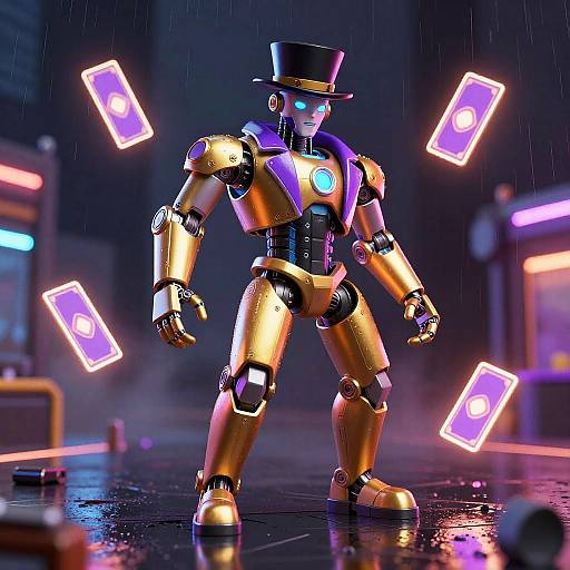 Glowing, golden robot with top hat, blue eyes, and neon accents stands in rainy cityscape, surrounded by floating neon cards. Digital artwork