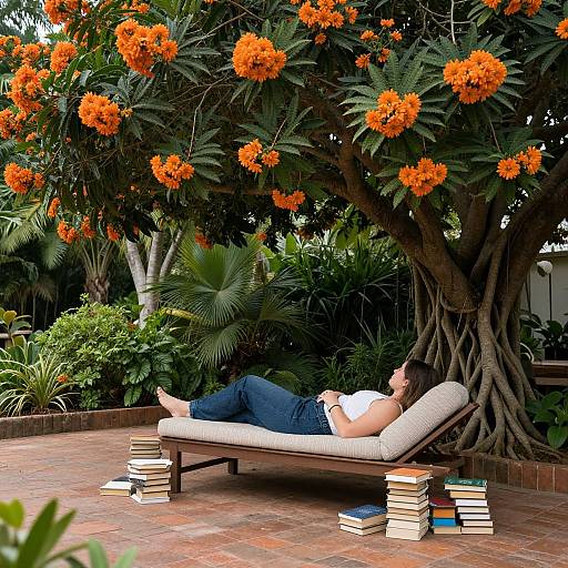 Serene Woman Resting Among Books and Blossoms