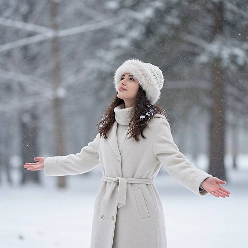 Photograph of a young woman with fair skin and dark hair, wearing a white fur hat and coat, arms outstretched, in a snowy forest