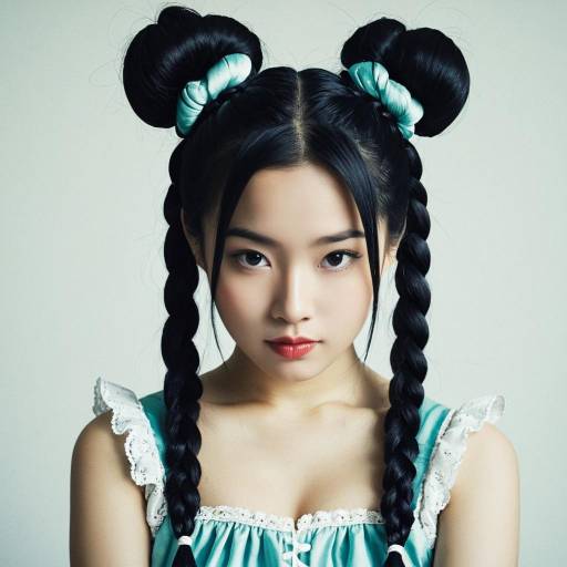 Asian Woman with Double Buns and Braids in Fancy Dress