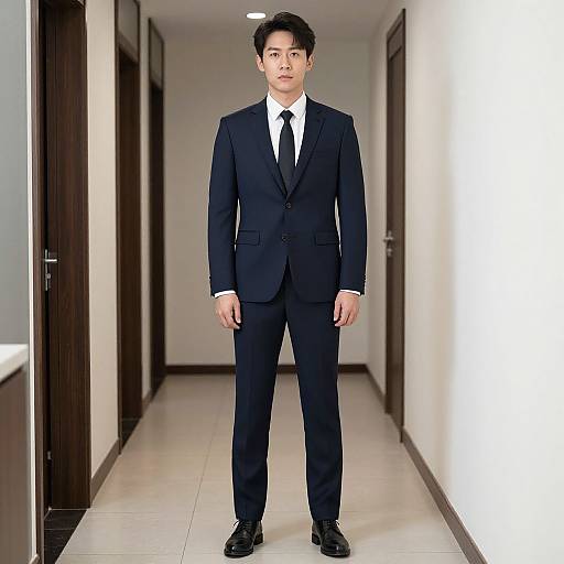 Photograph of a young Asian man in a black suit, white shirt, and black tie standing in a bright, narrow hallway.