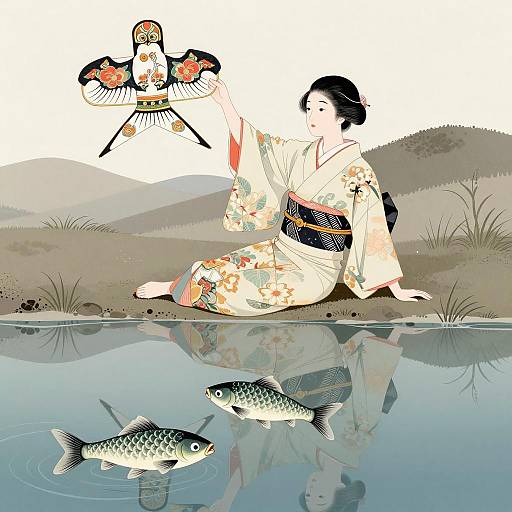 Serene Japanese Woman with Fish Kite