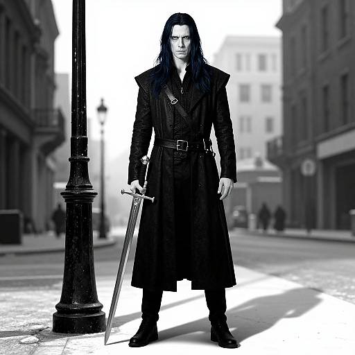 Black-haired man in long, dark trench coat holding sword, standing on urban street; high-contrast, monochrome photograph with dramatic shadows.
