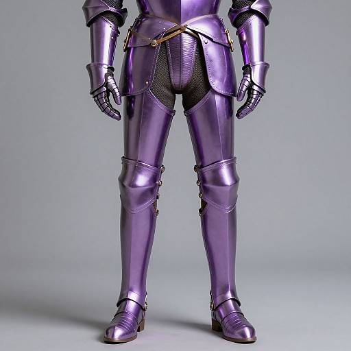 Photograph of a purple, glossy, medieval-style armored figure from the waist down, standing against a plain gray background.