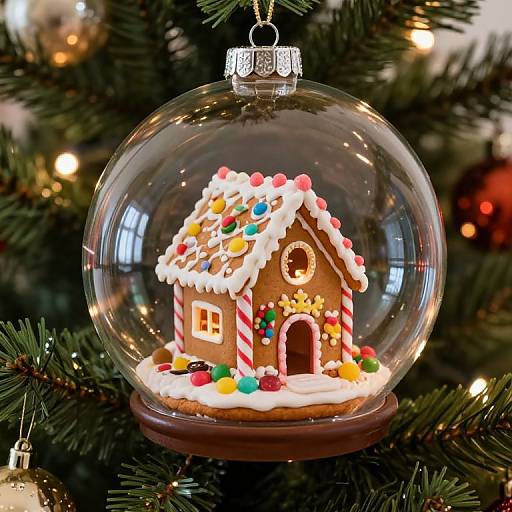 Photograph of a glass Christmas ornament with a colorful, detailed gingerbread house inside, hanging on a decorated pine tree.