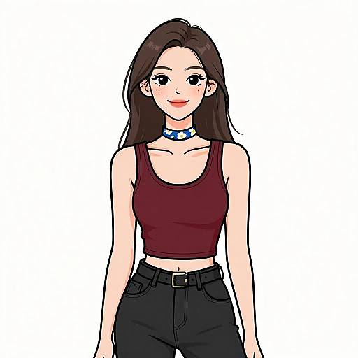 Digital anime-style drawing of a smiling young woman with long brown hair, wearing a maroon tank top, black high-waist pants, and a