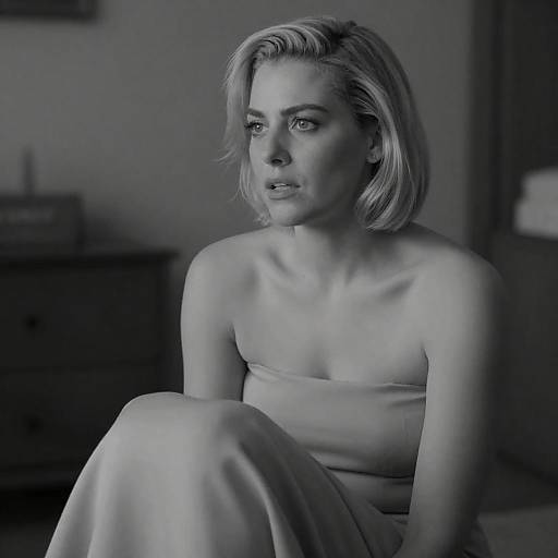 Contemplative Blonde Woman in Strapless Dress