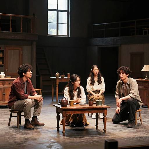 Photograph of four Asian actors seated around a wooden table in a dimly lit, rustic stage set, engaging in a dramatic scene.