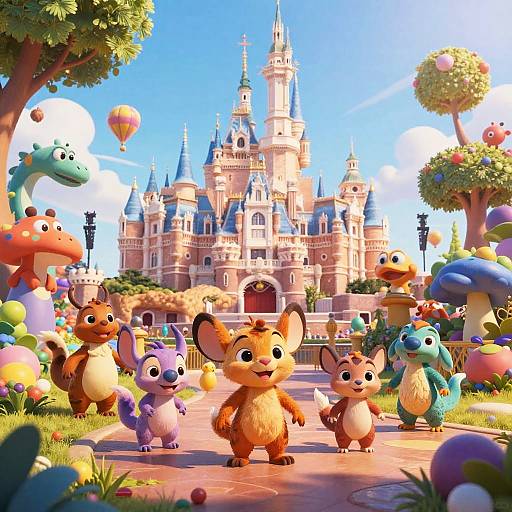Colorful CGI image of cute, cartoonish animal characters standing in front of a whimsical castle with a bright blue sky, surrounded by balloons and trees