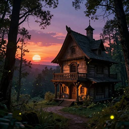 Whimsical digital painting of a wooden, fairy-tale cottage at sunset, surrounded by enchanted forest, glowing fireflies, and vibrant orange-pink