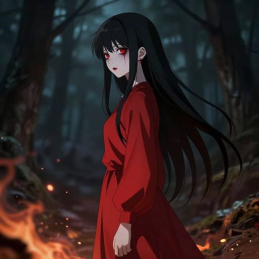 Anime-style digital illustration of a pale-skinned, long-haired girl with red eyes, wearing a red dress, standing in a dark, fiery forest.