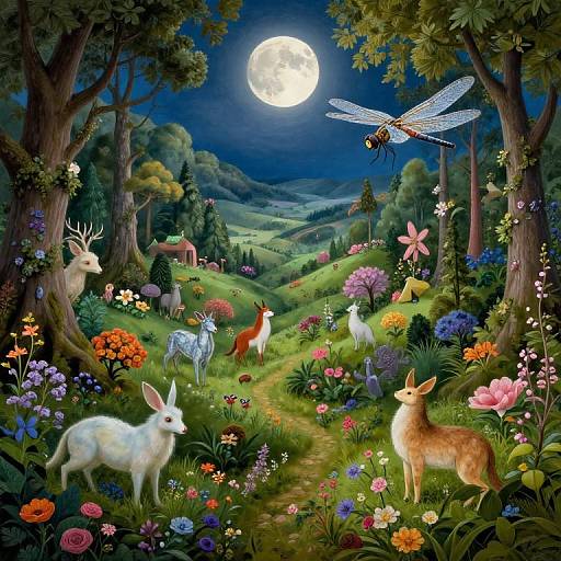 Whimsical, colorful digital painting of a moonlit forest with deer, rabbits, dragonfly, and vibrant flowers under a full moon.