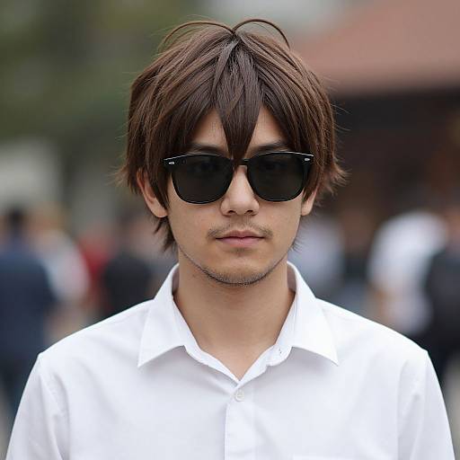 Photograph of a young man with medium-length brown hair, wearing black sunglasses and a white button-up shirt, standing outdoors with a blurred background.