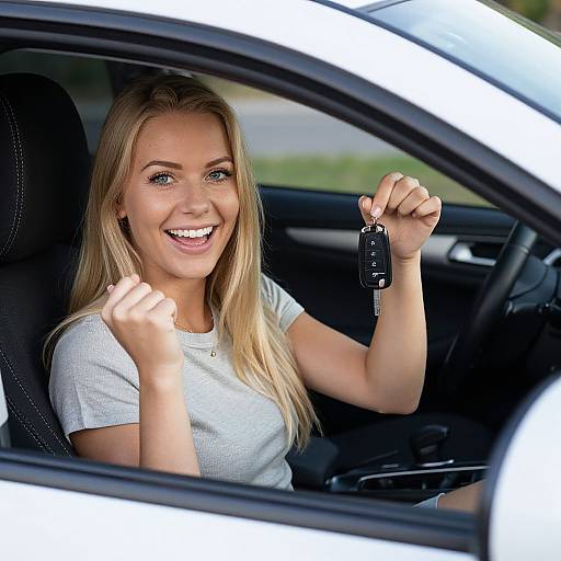 Happy Woman Holding Car Key Inside White Car