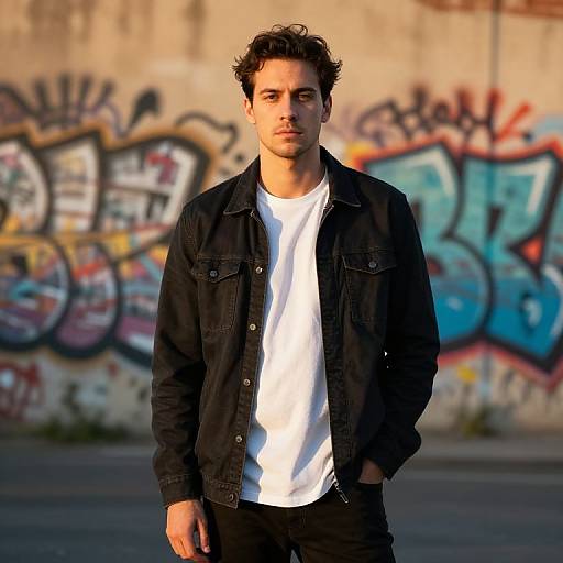 Photograph of a young man with curly dark hair, wearing a black denim jacket and white t-shirt, standing in front of colorful graffiti on a concrete
