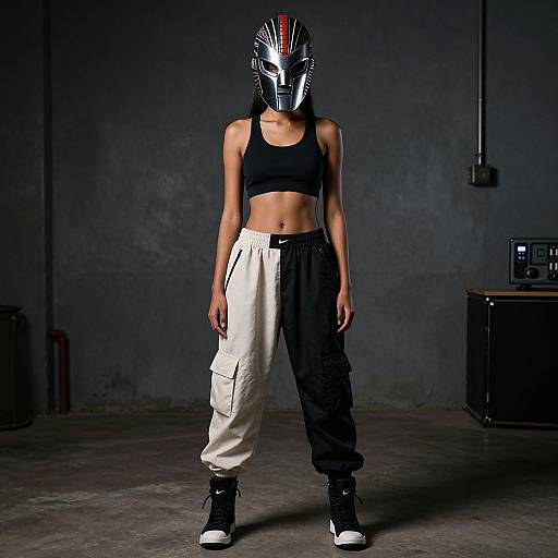Photograph of a fit woman with a metallic, mask-like helmet, wearing a black sports bra, white and black cargo pants, and black sneakers,