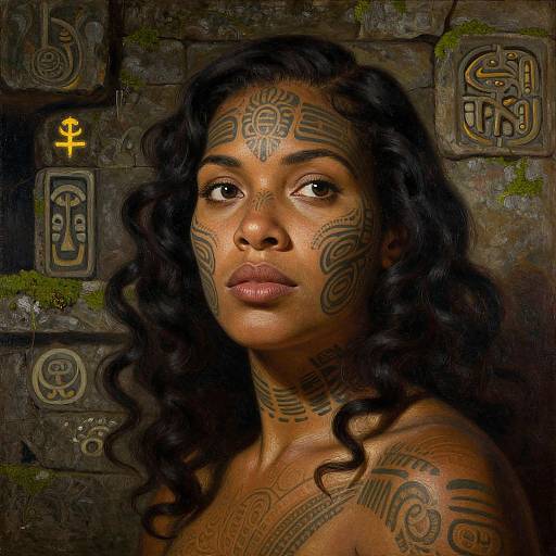 Digital artwork of a dark-skinned woman with curly black hair, adorned with tribal tattoos on her face and shoulders, standing against a moss-covered stone wall
