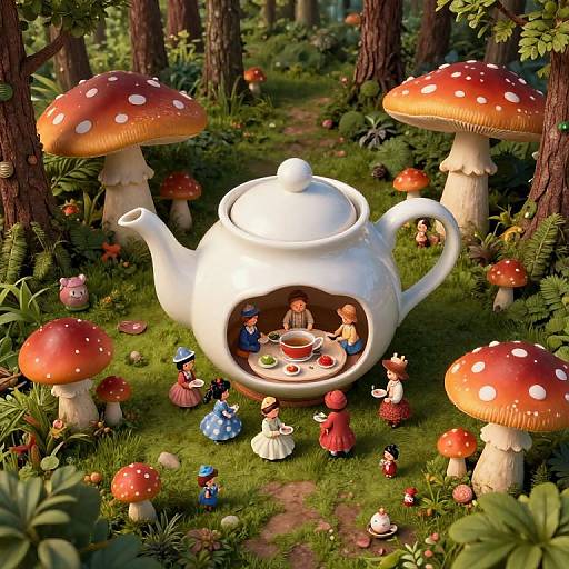 Whimsical forest scene with giant red-and-white-spotted mushrooms, white teapot house, and tiny fairy-tale dolls enjoying tea inside, surrounded