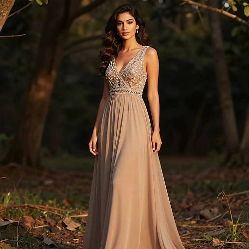 Photograph of a dark-haired woman with long wavy hair, wearing a sleeveless, beige, floor-length gown with intricate beaded bodice,