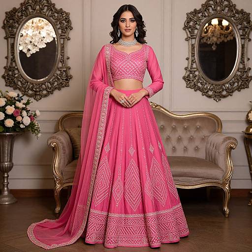Photograph of an Indian woman with medium-dark skin, wearing a pink traditional lehenga with gold embroidery, standing in a luxurious room with ornate mirrors