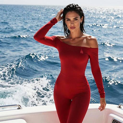Confident Woman in Red Jumpsuit on Boat