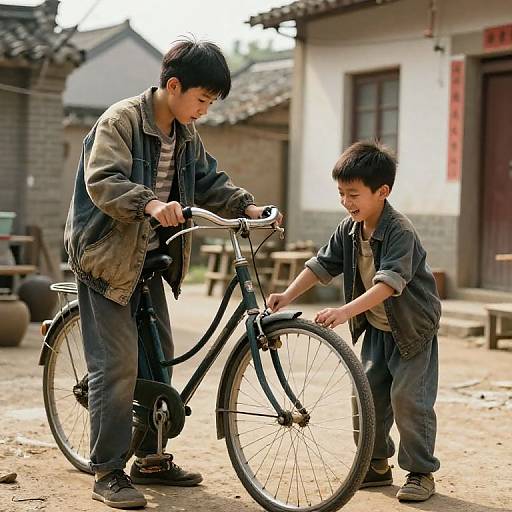 Photograph of two young Asian boys in denim jackets and jeans, fixing a black bicycle in a rural village courtyard.