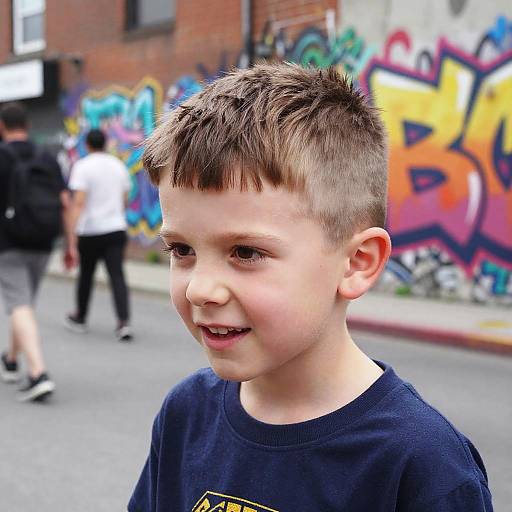 Boy with Bowl Haircut in Urban Scene