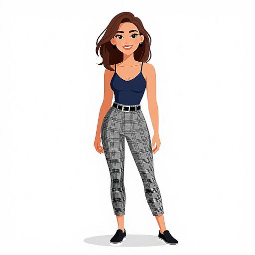Digital illustration of a smiling young woman with light skin, brown hair, wearing a navy top, black-and-gray checkered pants, and black shoes.