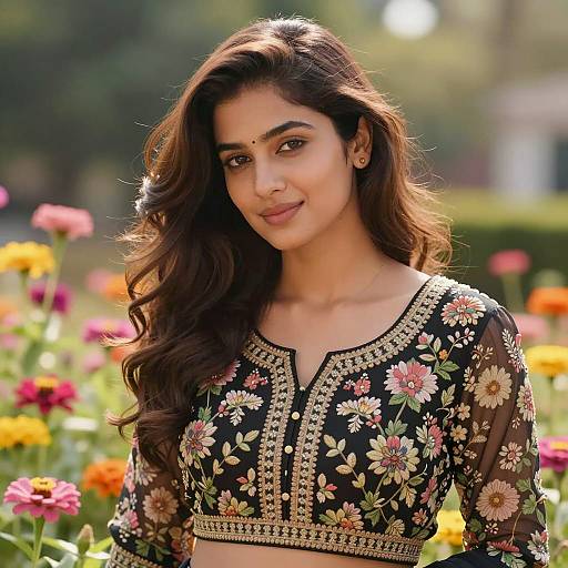 Elegant Woman in Sunlit Floral Garden