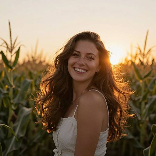 Photograph of a smiling young woman with long, wavy brown hair in a white, lace-trimmed top, standing in a sunlit corn