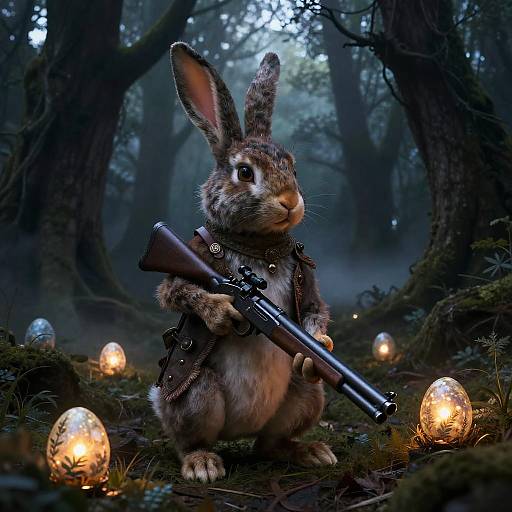 Digital artwork of a cute, anthropomorphic rabbit with brown fur, wearing a leather vest and holding a rifle, standing in a dark, misty forest